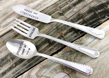 Load image into Gallery viewer, Spooning Leads to Forking, Always Use Condiments, Hand Stamped Vintage Silverware Serving Set, Charcuterie Set, Housewarming Gift