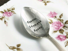 Load image into Gallery viewer, Custom Stamped Tablespoon, Place Spoon, Hand Stamped Vintage Silver Plated Personalized Spoon, Birthday Spoon, Fifth Anniversary Silverware