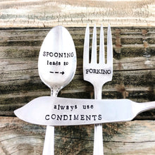 Load image into Gallery viewer, Spooning Leads to Forking, Always Use Condiments, Hand Stamped Vintage Silverware Serving Set, Charcuterie Set, Housewarming Gift
