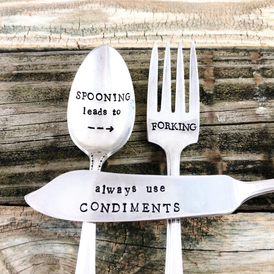 Spooning Leads to Forking, Always Use Condiments, Hand Stamped Vintage Silverware Serving Set, Charcuterie Set, Housewarming Gift