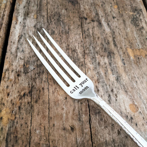 Call Your Mom, Hand Stamped Silver Plated Fork, Care Package Gift for College Student, First House, Moving Out, Empty Nest, Housewarming