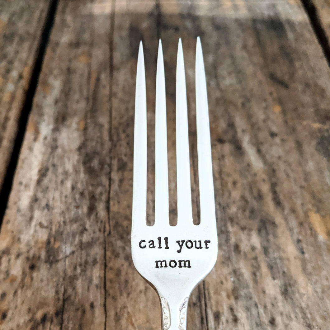 Call Your Mom, Hand Stamped Silver Plated Fork, Care Package Gift for College Student, First House, Moving Out, Empty Nest, Housewarming