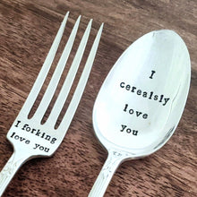 Load image into Gallery viewer, I cerealsly love you, I Forking Love You, Set of 2, Stamped Vintage Silver Plated Spoon, I love you spoon, Cereal Spoon, Stamped Teaspoon

