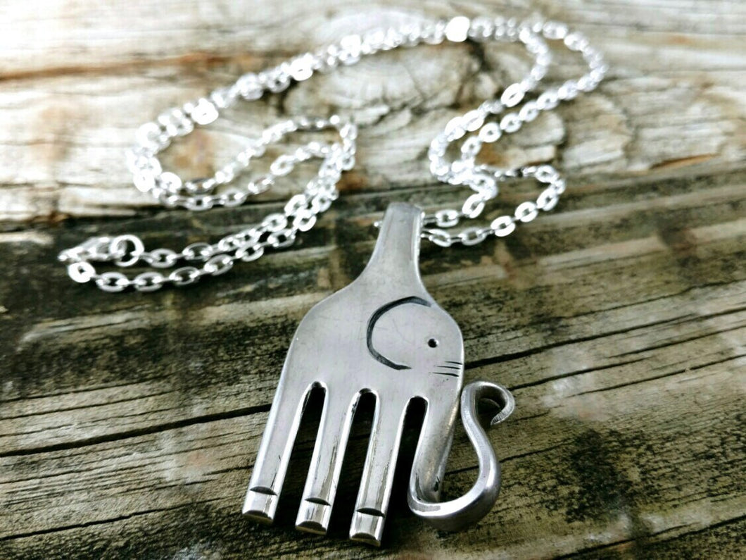 Elephant Fork Necklace, Vintage Fork Elephant, Silver Plated Fork, Handmade Elephant Pendant, Stamped Fork Elephant