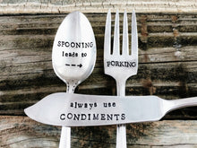 Load image into Gallery viewer, Spooning Leads to Forking, Always Use Condiments, Hand Stamped Vintage Silverware Serving Set, Charcuterie Set, Housewarming Gift
