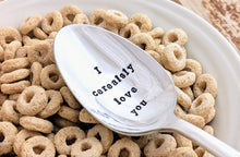 Load image into Gallery viewer, I cerealsly love you, I Forking Love You, Set of 2, Stamped Vintage Silver Plated Spoon, I love you spoon, Cereal Spoon, Stamped Teaspoon
