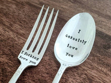 Load image into Gallery viewer, I cerealsly love you, I Forking Love You, Set of 2, Stamped Vintage Silver Plated Spoon, I love you spoon, Cereal Spoon, Stamped Teaspoon
