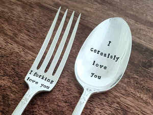 I cerealsly love you, I Forking Love You, Set of 2, Stamped Vintage Silver Plated Spoon, I love you spoon, Cereal Spoon, Stamped Teaspoon